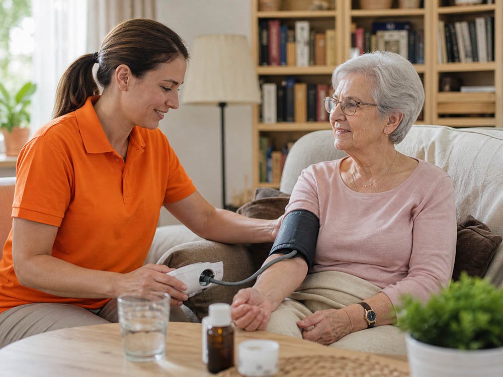 Professionelle Pflege und Versorgung für Senioren Pflegekraft misst bei einer Seniorin zu Hause den Blutdruck